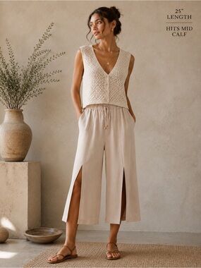 Hem & Thread Rayon Wide Leg Slit Pants Neutral Beige Taupe Size Large